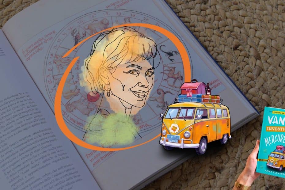 Livre avec signes du zodiaques sur un set de table en osier avec le portrait de Christina et Gus, personnages de fiction de la série Van Investigation. Mercure fatal, la première enquête e la série