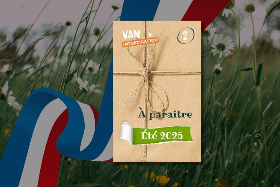 Van Investigation 2, couverture cachée devant un paysage de fleurs des champs pouvant représenter l'Aubrac où se déroule l'histoire de ce roman