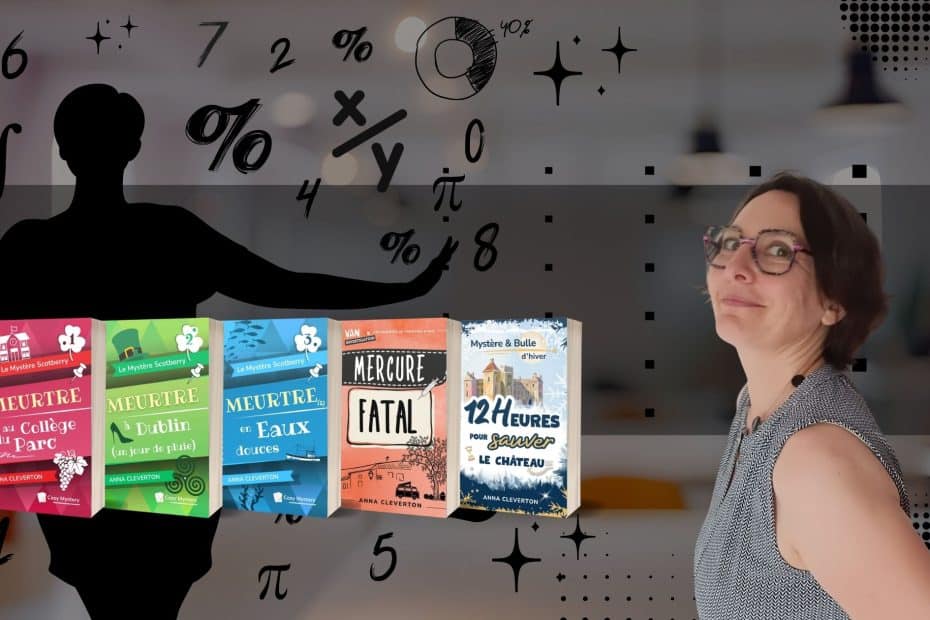 Anna Cleverton et ses romans cosy mystery. Composition pour article de blog bilan chiffré 2025